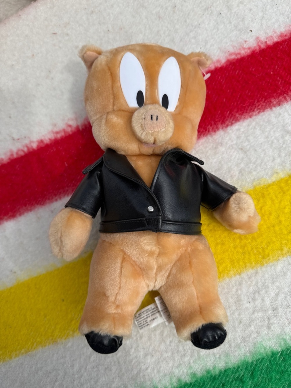 vintage plush porky pig faux Leather biker jacket, doll, stuffed.1997